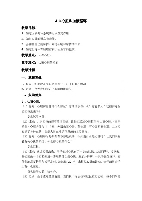 五年级上册科学教案-4.3 心脏和血液循环｜苏教版 (2)