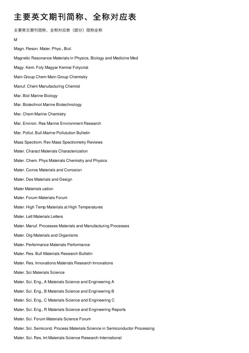 主要英文期刊简称、全称对应表
