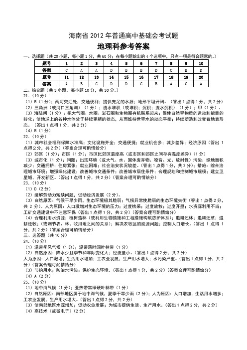 海南省2012年普通高中基础会考地理试题-参考答案