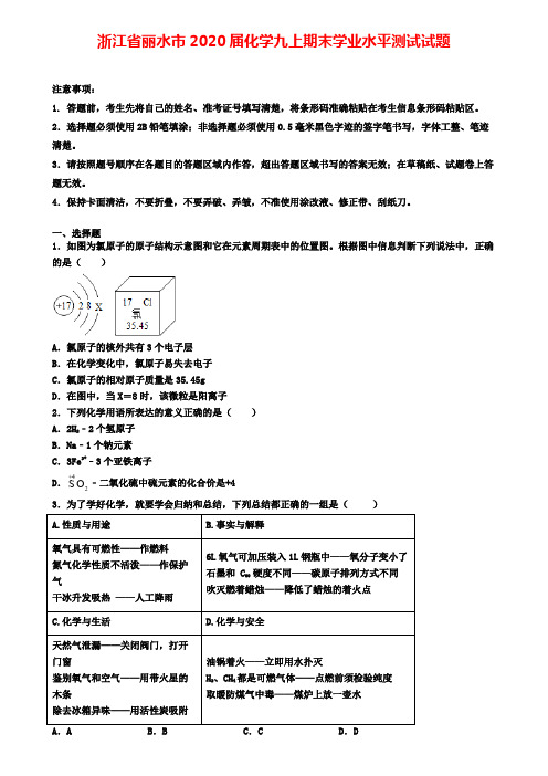 浙江省丽水市2020届化学九上期末学业水平测试试题