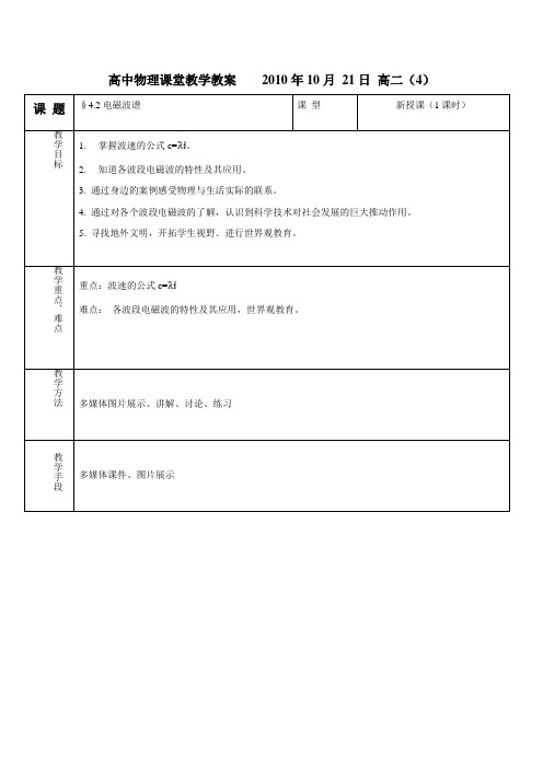 最新人教版高中物理选修1-1第四章《电磁波谱》教案