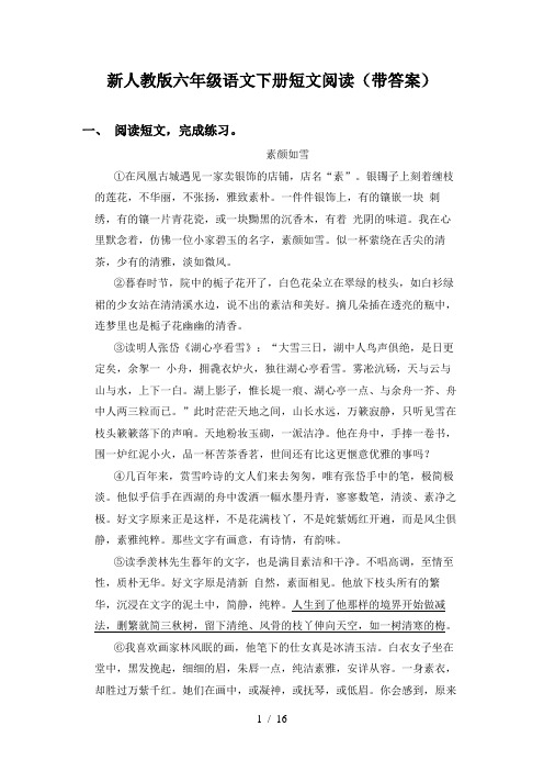 新人教版六年级语文下册短文阅读(带答案)