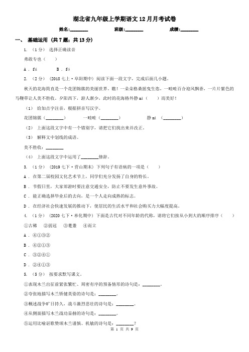 湖北省九年级上学期语文12月月考试卷