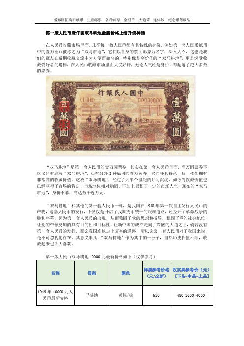 第一版人民币壹仟圆双马耕地最新价格上演升值神话
