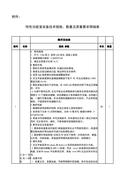 特色功能室设备技术规格数量及质量要求明细表陶艺活动室