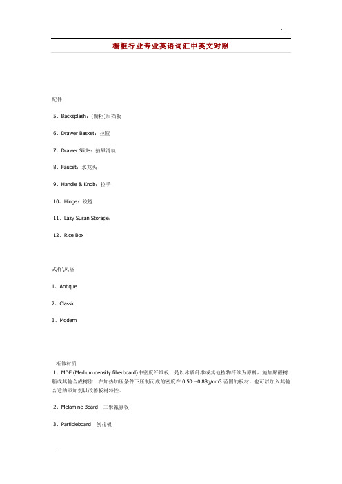 橱柜行业专业英语词汇中英文对照
