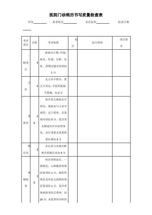 门诊病历书写质量检查表