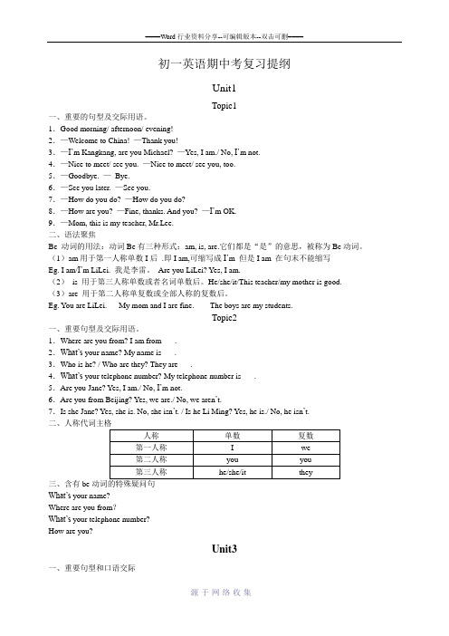 初一英语期中考复习提纲Unit1