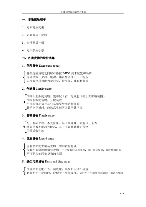 §6.3货物配积载基本要求 一、货物配舱顺序 1.先末港后初港 2.先底舱 ...