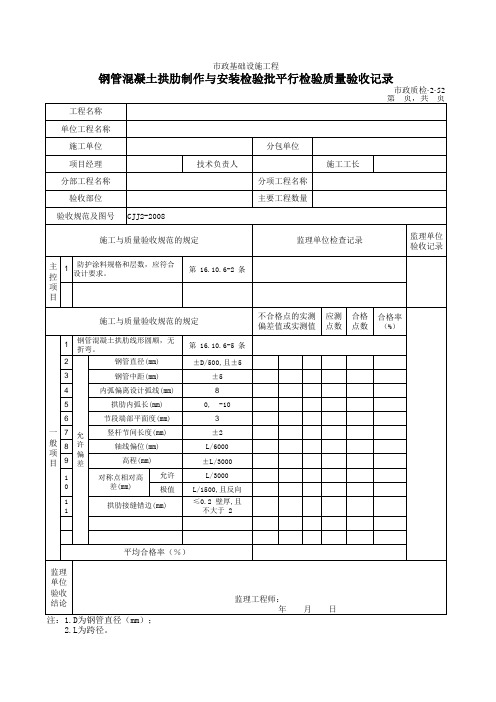【平行检验】32052钢管混凝土拱肋制作与安装检验批质量验收记录【顶管精品资料】