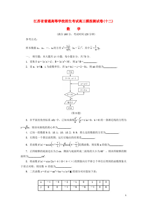 江苏省普通高等学校2017年高三数学招生考试模拟测试试题十二2017080901146