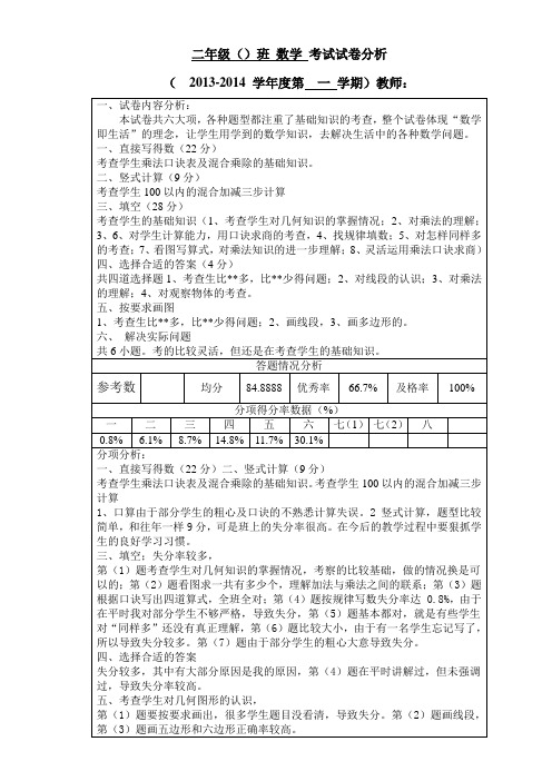 新版苏教版2014-2015第一学期二年级数学试卷分析精品