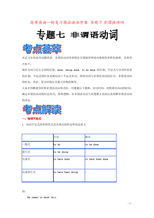 高考英语一轮复习精品语法学案 专题7 非谓语动词