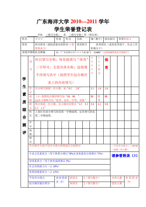 学生荣誉登记表模板及填写要求(新)