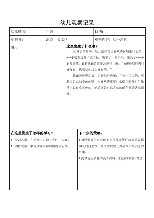 小班观察记录(美工区：动手涂色)