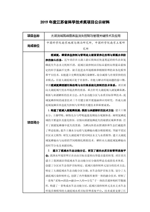 2019年度江苏省科学技术奖项目公示材料