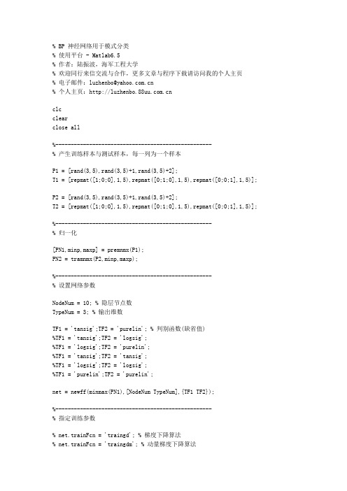 BP神经网络用于函数拟合与模式识别的Matlab示例程序