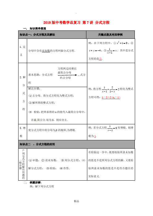 201x版中考数学总复习 第7讲 分式方程