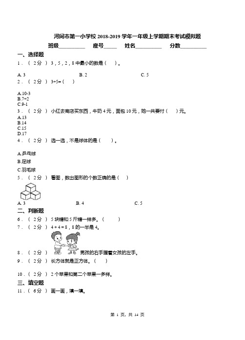 河间市第一小学校2018-2019学年一年级上学期期末考试模拟题
