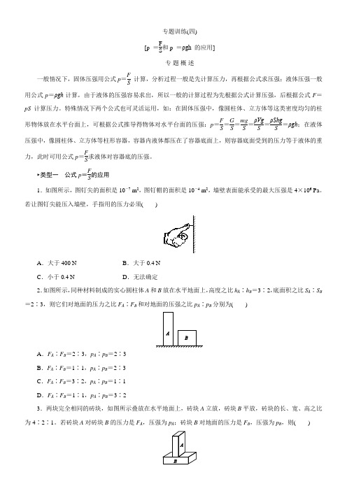 2021年中考一轮复习专题训练：(四)[p =FS和p =ρgh 的应用]