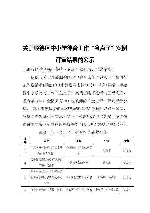 关于顺德区中小学德育工作金点子案例评审结果公示