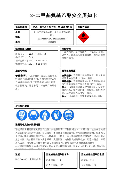 2-二甲基氨基乙醇安全周知卡、职业危害告知卡、理化特性表