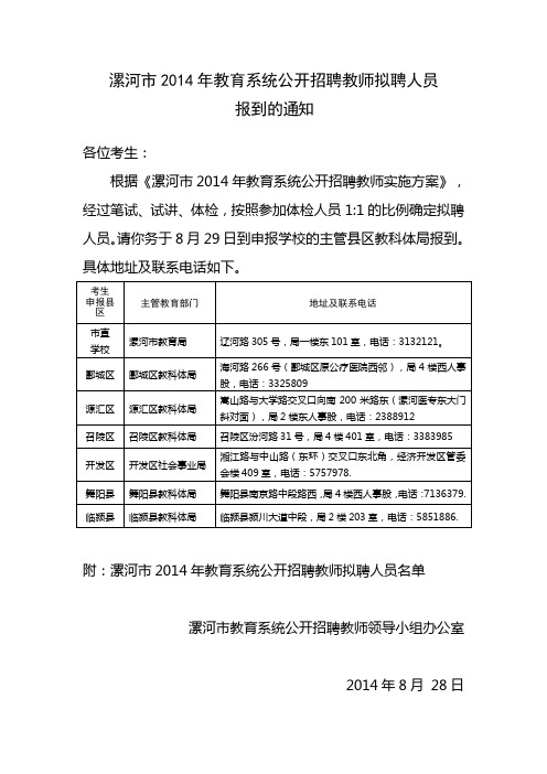 14年漯河市招聘教师模拟录用名单