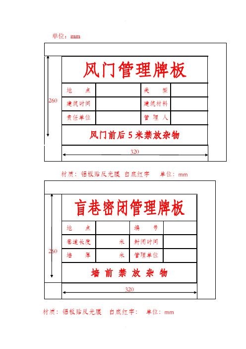 煤矿各类管理牌板制作尺寸标准