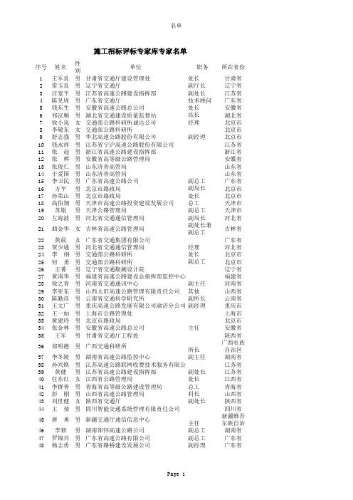 施工招标评标专家库专家名单