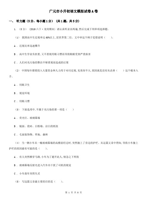广元市小升初语文模拟试卷A卷