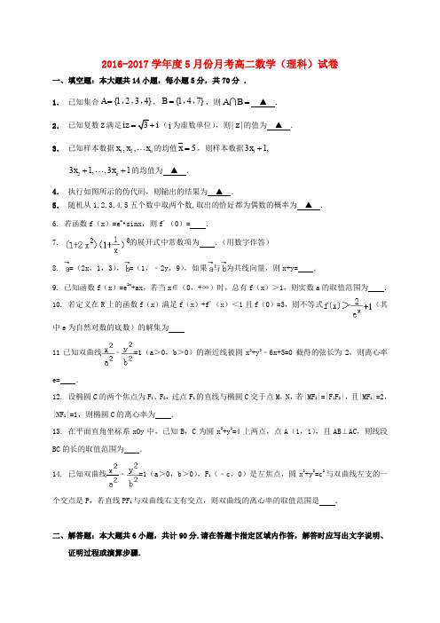 江苏省东台市2016-2017学年高二数学5月月考试题 理(无答案)