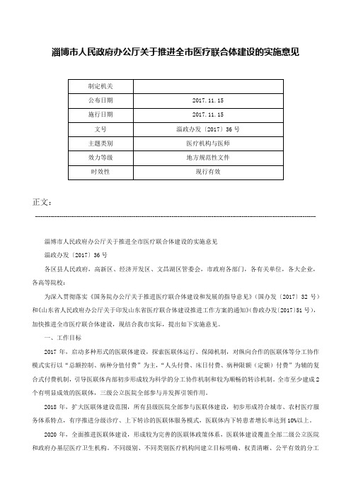 淄博市人民政府办公厅关于推进全市医疗联合体建设的实施意见-淄政办发〔2017〕36号