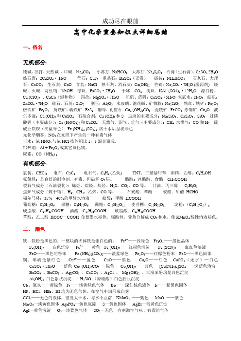 高中化学重要知识及反应