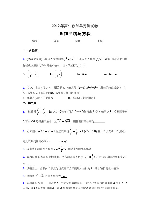 精选最新版2019高中数学单元测试《圆锥曲线方程》模拟考试题(含标准答案)