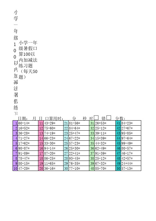 小学一年级暑假口算100以内加减法练习题(每天50题)