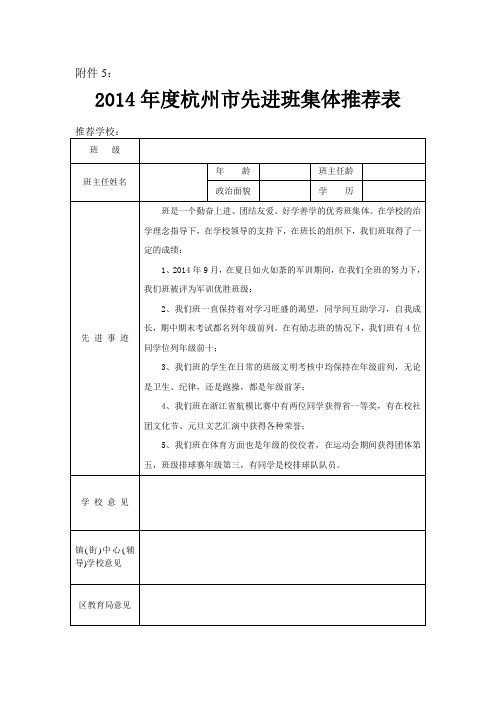 年度杭州市先进班集体推荐表