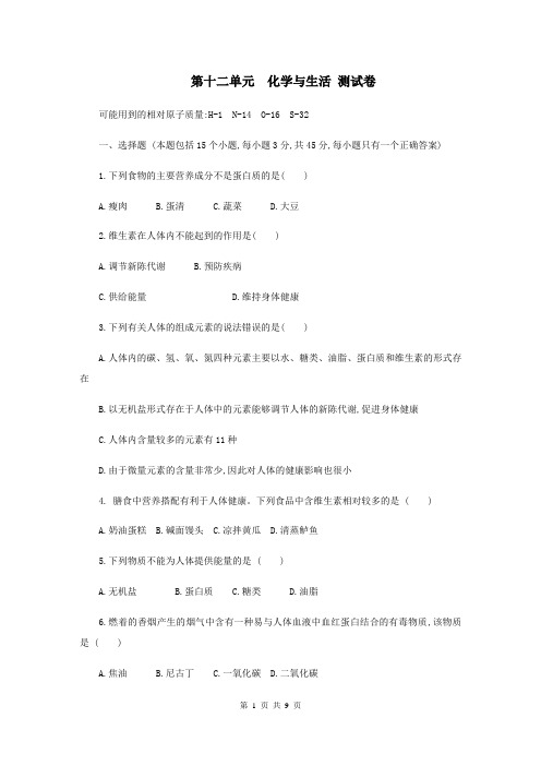 人教版九年级化学下册第十二单元 化学与生活 测试卷(含答案)