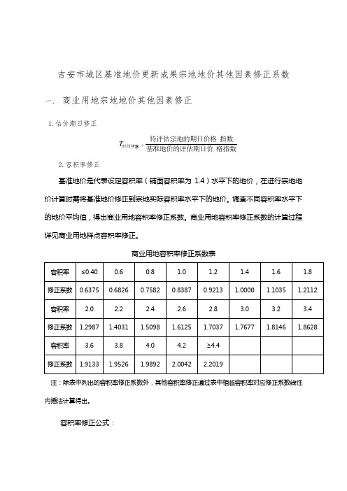 吉安城区基准地价更新成果宗地地价其他因素修正系数