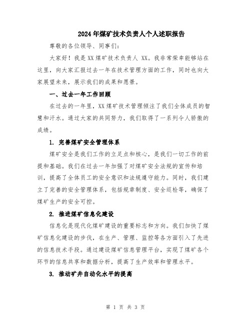 2024年煤矿技术负责人个人述职报告