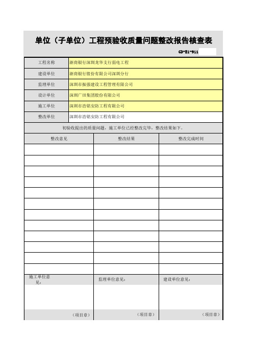 单位(子单位)工程预验收质量问题整改报告核查表