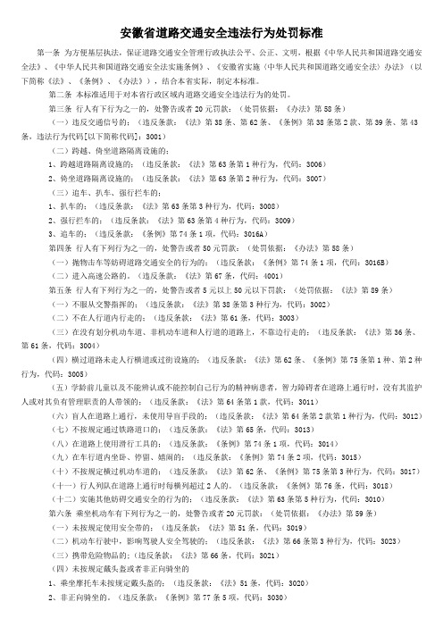 安徽省道路交通安全违法行为处罚标准