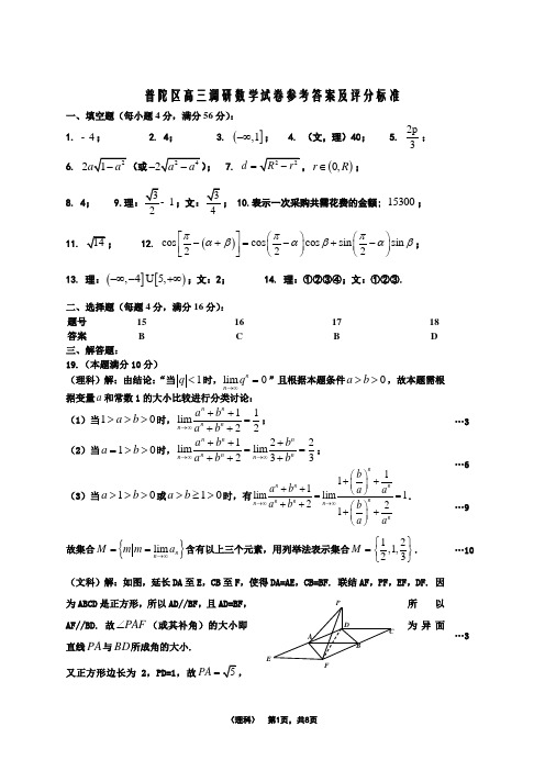 上海市2011届高三一模数学试卷答案(普陀区)