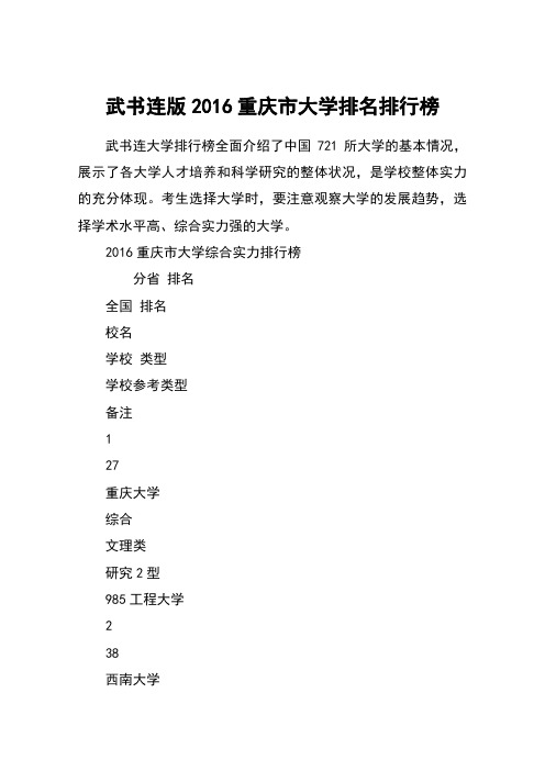 武书连版2016重庆市大学排名排行榜