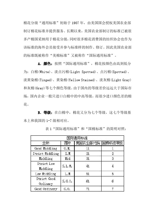 棉花分级“通用标准”及同中国棉花标准简明对照