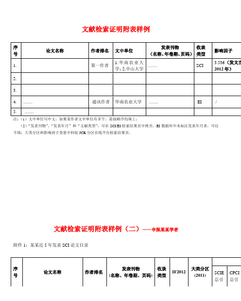 文献检索证明附表样例