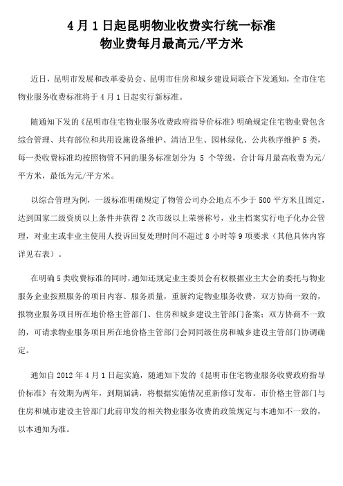 4月1日起昆明物业收费实行统一标准