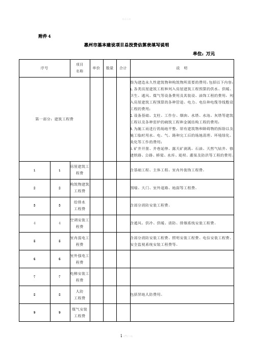 总投资估算表填写说明