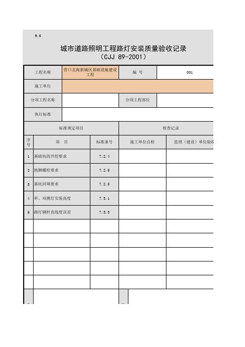 001-9.6 城市道路照明工程路灯安装质量验收记录