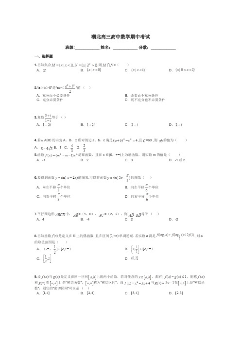 湖北高三高中数学期中考试带答案解析
