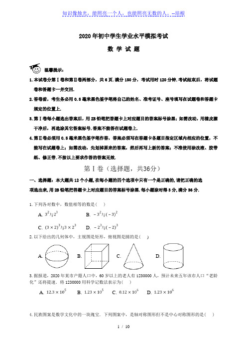 山东省滨州市七校联考2020届九年级初中学生学业水平模拟考试数学试题(含答案)